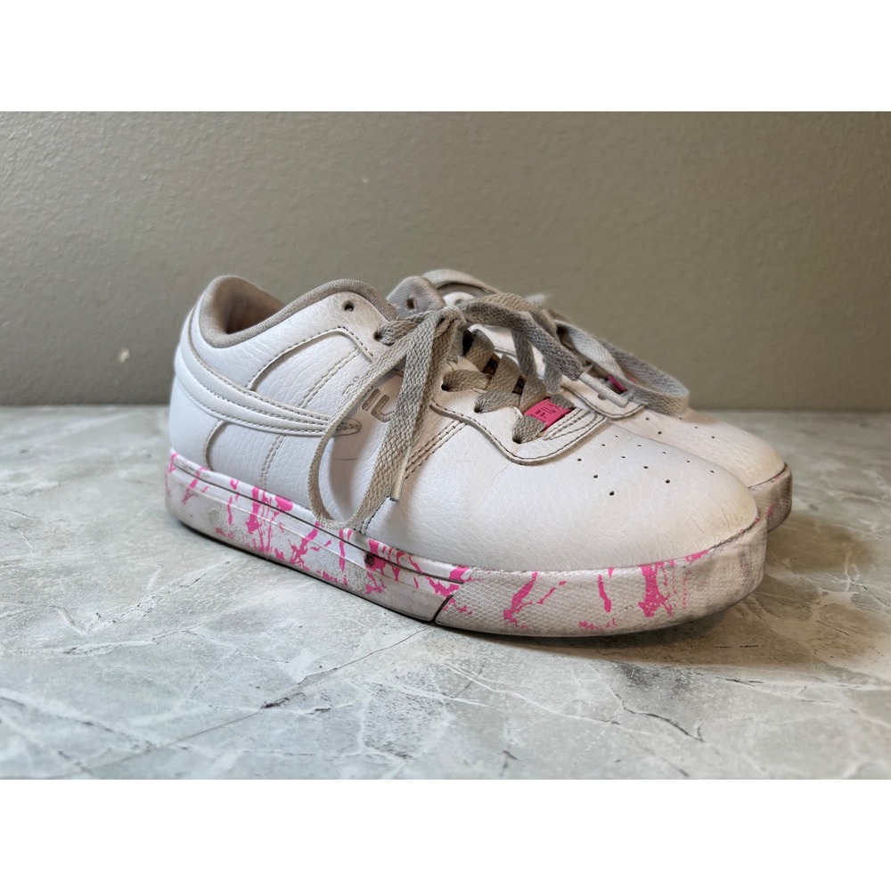 Fila Kids White Pink Paint Splatter Low Top Sneakers 3FM02174-154 Size 2.5Y